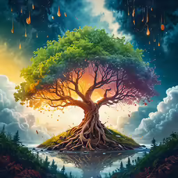 this is an artistic painting of a tree and its surroundings