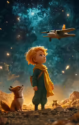 an illustration of a young boy standing in front of an airplane
