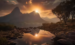 a sun rises over the mountains with rocks