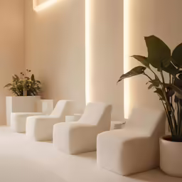a large group of chairs line a white room