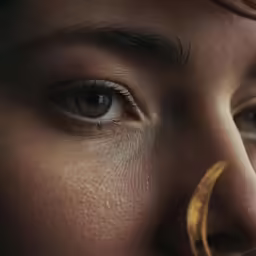 a young person with gold circles around her eyes