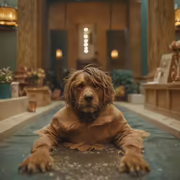 a dog with wet fur sitting on a mat