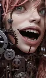 a woman with red hair and steampunky makeup has her head covered