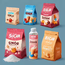six bags and three packets of sugar, one containing peanuts,a group of bags with various items on it