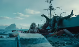 two people laying on the ground near the ocean