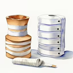 a number of items on a white surface,a painting that looks like some sort of stacked stacks