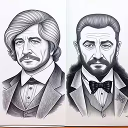 two books that have some sketches of men in them,two drawing pictures of abraham lincoln and george h whitmore,a black and white drawing of two men,a book opened to an image of two men with different expressions,an illustration of two gentlemen with beards and mustaches