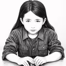 a girl in black and white sitting at a table