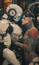 a tattoo artist is working on a robot in the studio