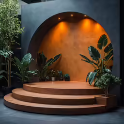 two large plants sit on a wooden staircase