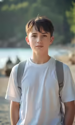 a boy with a white shirt and backpack looking off into the distance
