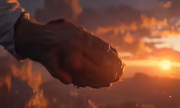 a person is holding his hand out in front of the sunset