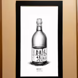 the back side of a bottle of alcohol in a framed black and white drawing