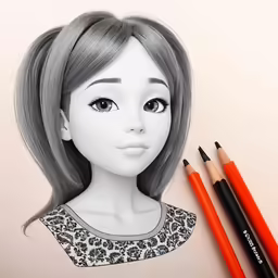a girl doll sitting on top of a white desk with two red pencils