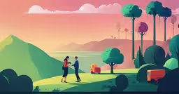 a couple standing on a hill talking to each other,a couple walking through the green hills with suitcases