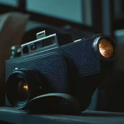 a close up of an old camera on a table