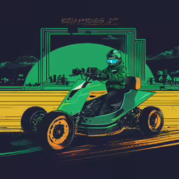 a man riding a green four wheeler in front of a mirror,a man driving an electric vehicle down a street