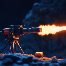 the camera with an extra long lens is positioned on a tripod