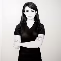 a woman in black shirt and white skirt standing by white wall