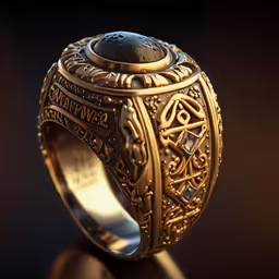 a gold ring with symbols is on a black surface