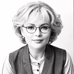 a black and white image of a woman wearing glasses