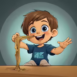 a cartoon character is eating noodles