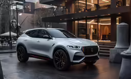 a white suv parked in front of a building