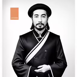 a man dressed in black with an orange stripe and the words genemic written below