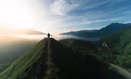 man standing on top of grassy hill watching fog