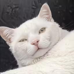 a close up of a white cat laying on top of a bed