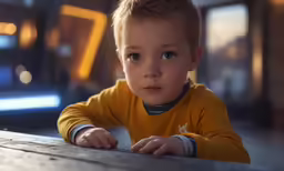 a young boy in yellow sits at a wooden table looking over his shoulder