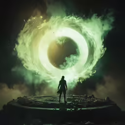 a person standing on top of a large structure with flames flying around