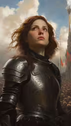 a woman in armor stands in front of an enormous crowd of people,an image of a woman wearing a full armor