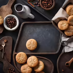 baked goods displayed on trays beside wooden spoons, cups of coffee and utensils
