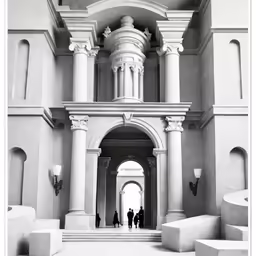two people walking through an open archway in the middle of a building