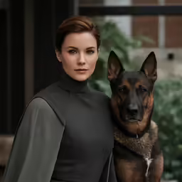 a woman with a dog standing in front of her