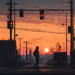 a person standing on the street in front of traffic lights