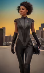 a woman in black leather outfit posing for a photo