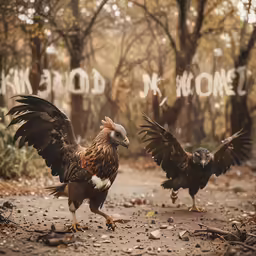 two large brown birds walking on a path