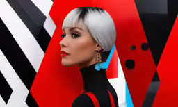 a woman with silver hair and blue earrings in front of a red and black wall