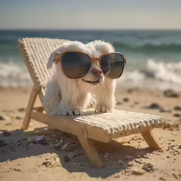 white dog wearing sunglasses laying on a beach chair