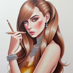 a drawing of a beautiful woman holding a pencil,the girl is holding a pencil and wearing necklaces,a drawing of a woman with long hair holding a cigarette,a girl with long hair is holding a pencil,the girl is holding a cigarette and smoking a cigarette