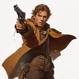a man in medieval garb points a gun at the camera
