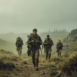 men with guns are hiking in the grass