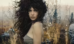a young woman with dark hair, standing in tall grass