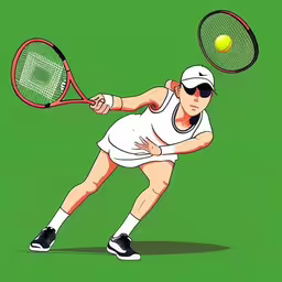 a painting of a tennis player in action with the ball coming toward her,a tennis player is swinging at a tennis ball with his racket,a drawing of a woman playing tennis,the tennis player is about to hit the ball,a cartoon image of a tennis player and ball