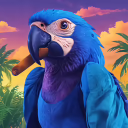 the blue parrot is in front of a purple sunset