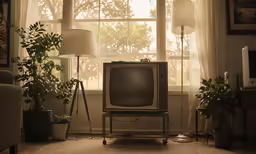 a television sits in front of two plant displays