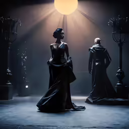 a woman stands on a stage surrounded by statues