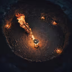 a circular stone table with two lit torches